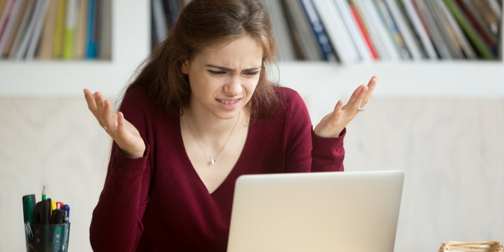 Frustrated annoyed woman confused by computer problem, annoyed businesswoman feels indignant about laptop crash, bad news online or disgusting video on web, stressed student looking at broken pc