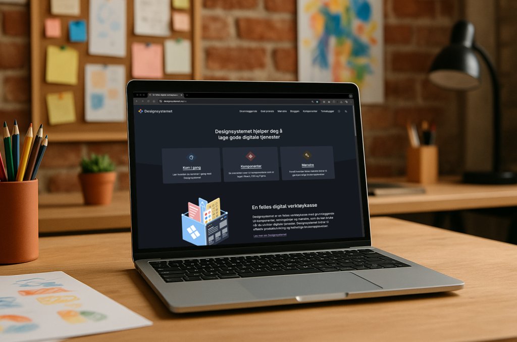 Illustrasjonsbilde av Designsystemet til Digdir. På bildet ser du en Mac på en pult som har førstesiden til Designsystemet åpent.  Illustrasjonsbilde av Designsystemet til Digdir. På bildet ser du en Mac på en pult som har førstesiden til Designsystemet åpent.