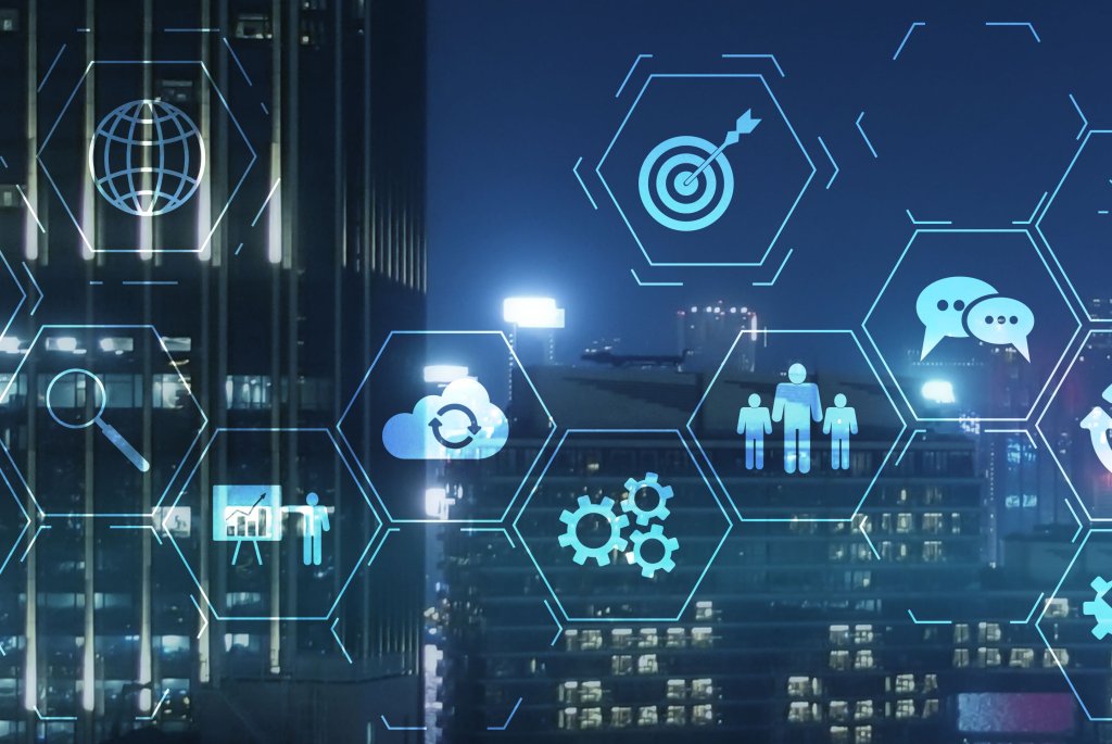 ERP Enterprise Resource Planning system on virtual screen with connections between business intelligence.