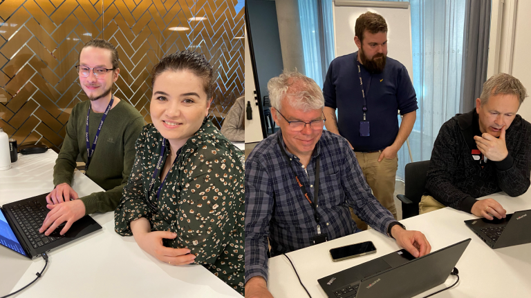 Bilder av fire smilende bouvet-kolleger som har kvalitetsansvar, bildene er tatt på workshopen i OWASP